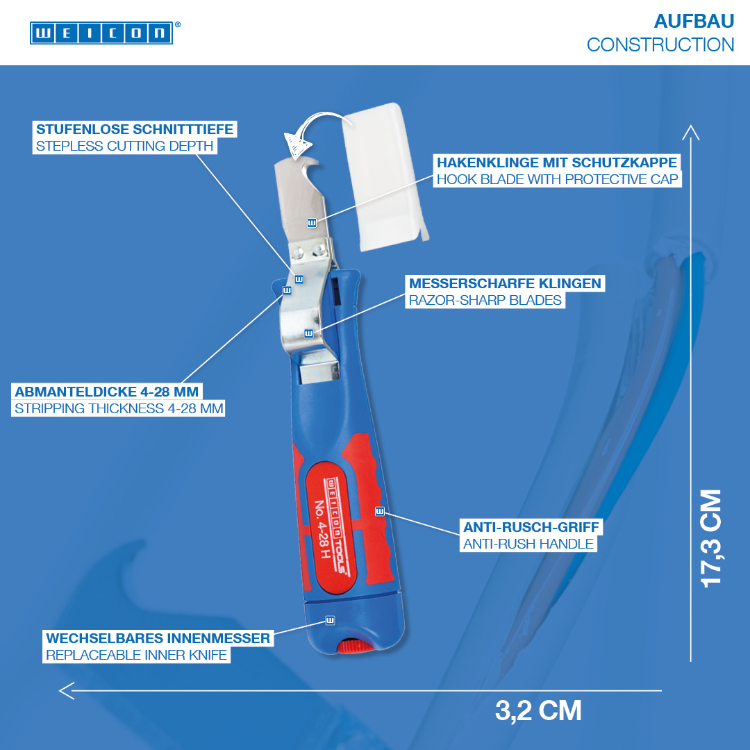 Cable Stripper No. 4 - 28 H | with 2C handle including hook blade and protective cap, working range 4 - 28 mm Ø